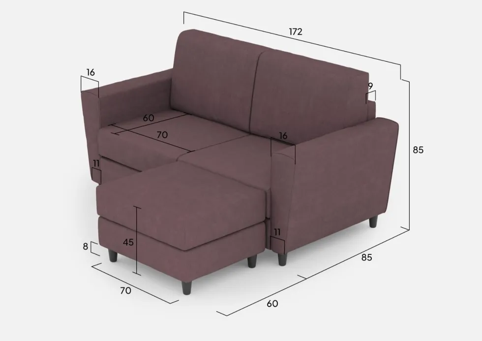 Divano 172x85cm design a due posti con piedini in legno e pouf idrorepellente prugna DI38