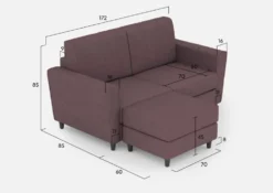 Divano 172x85cm design a due posti con piedini in legno e pouf idrorepellente prugna DI38