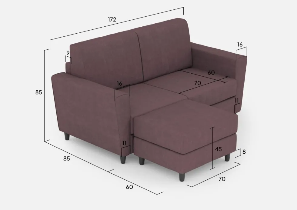 Divano 172x85cm design a due posti con piedini in legno e pouf idrorepellente prugna DI38