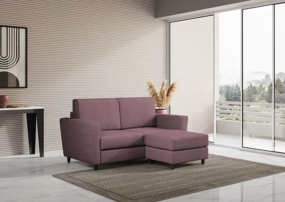 Divano 172x85cm design a due posti con piedini in legno e pouf idrorepellente prugna DI38