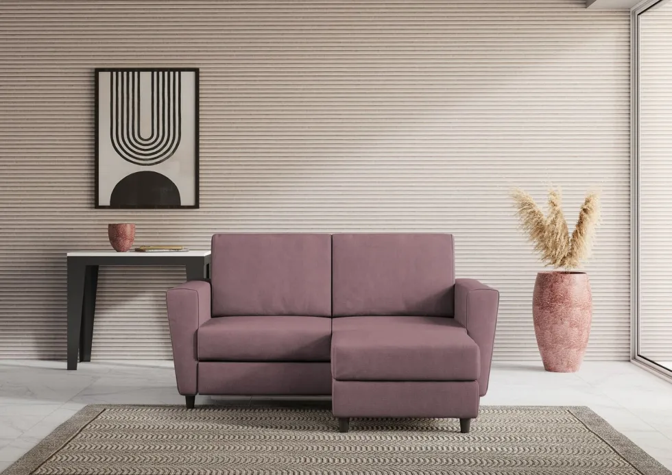 Divano 172x85cm design a due posti con piedini in legno e pouf idrorepellente prugna DI38