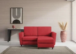 Divano 172x85cm design a due posti con piedini in legno e pouf idrorepellente rosso DI38