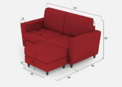 Divano 172x85cm design a due posti con piedini in legno e pouf idrorepellente rosso DI38