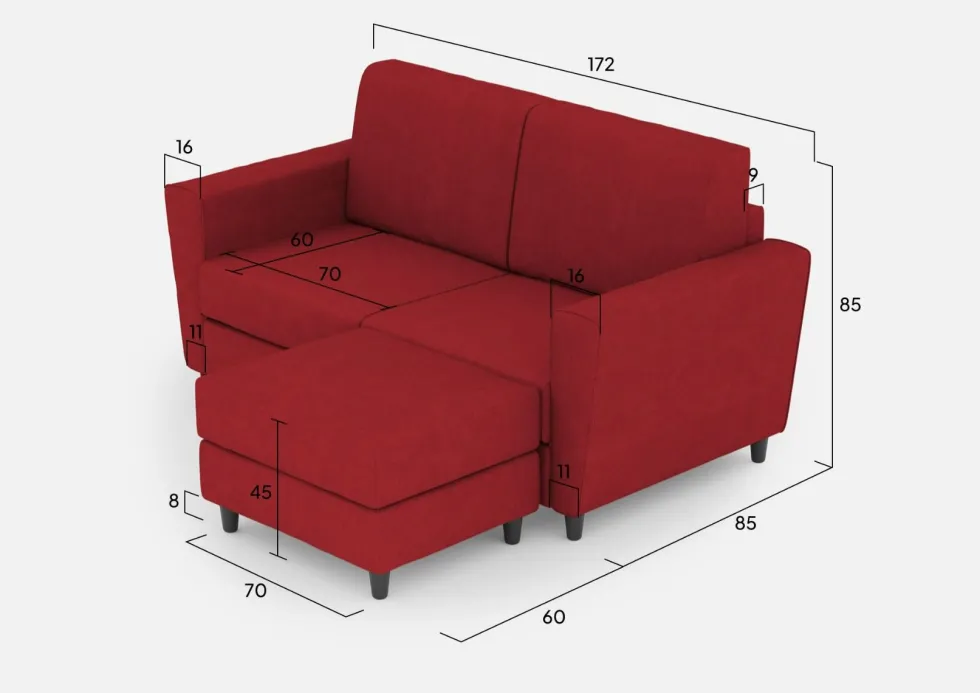 Divano 172x85cm design a due posti con piedini in legno e pouf idrorepellente rosso DI38