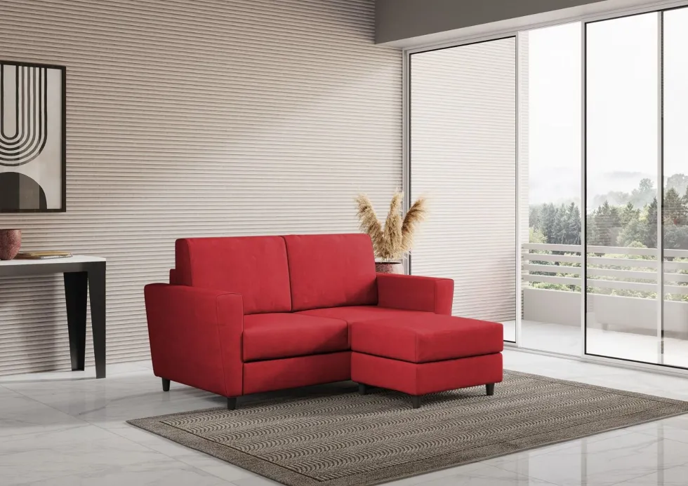 Divano 172x85cm design a due posti con piedini in legno e pouf idrorepellente rosso DI38