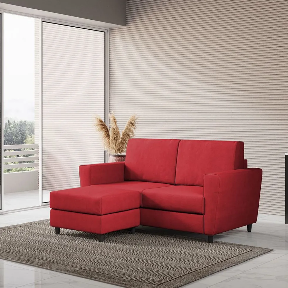Divano 172x85cm design a due posti con piedini in legno e pouf idrorepellente rosso DI38