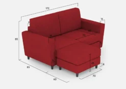 Divano 172x85cm design a due posti con piedini in legno e pouf idrorepellente rosso DI38