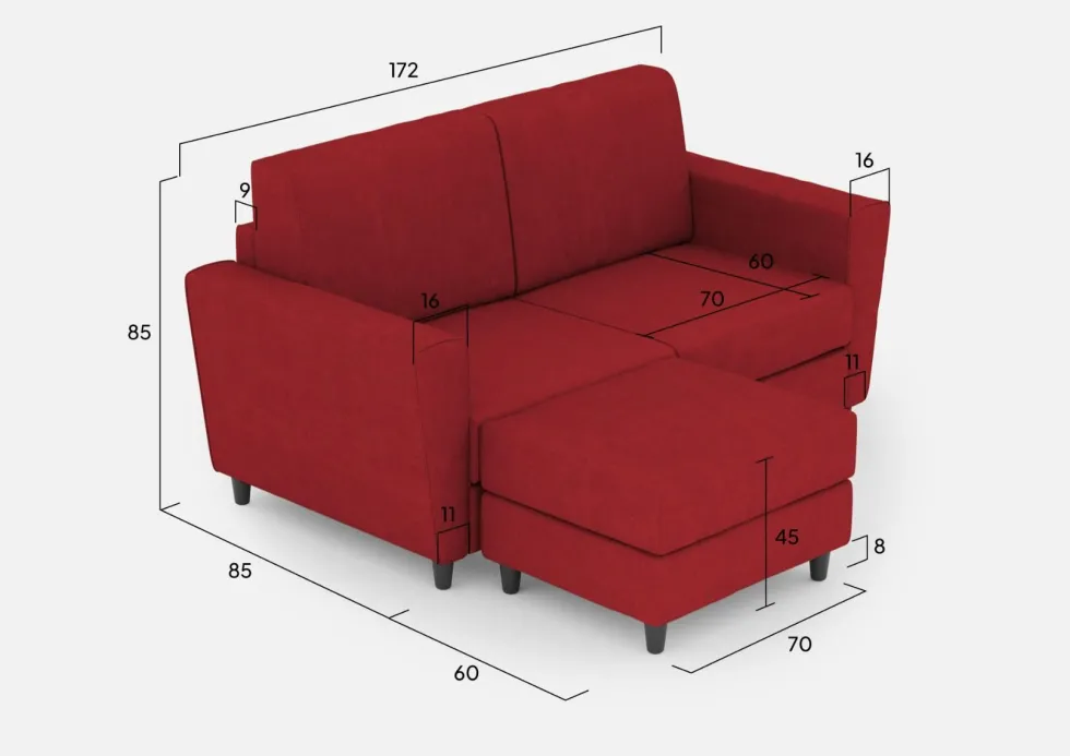 Divano 172x85cm design a due posti con piedini in legno e pouf idrorepellente rosso DI38