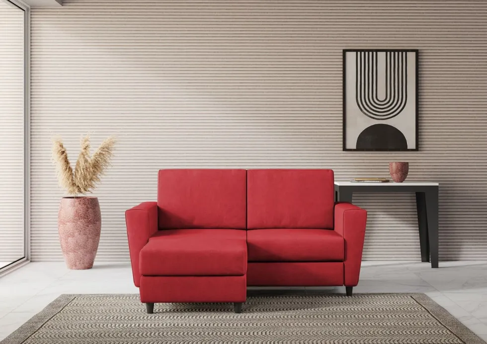 Divano 172x85cm design a due posti con piedini in legno e pouf idrorepellente rosso DI38