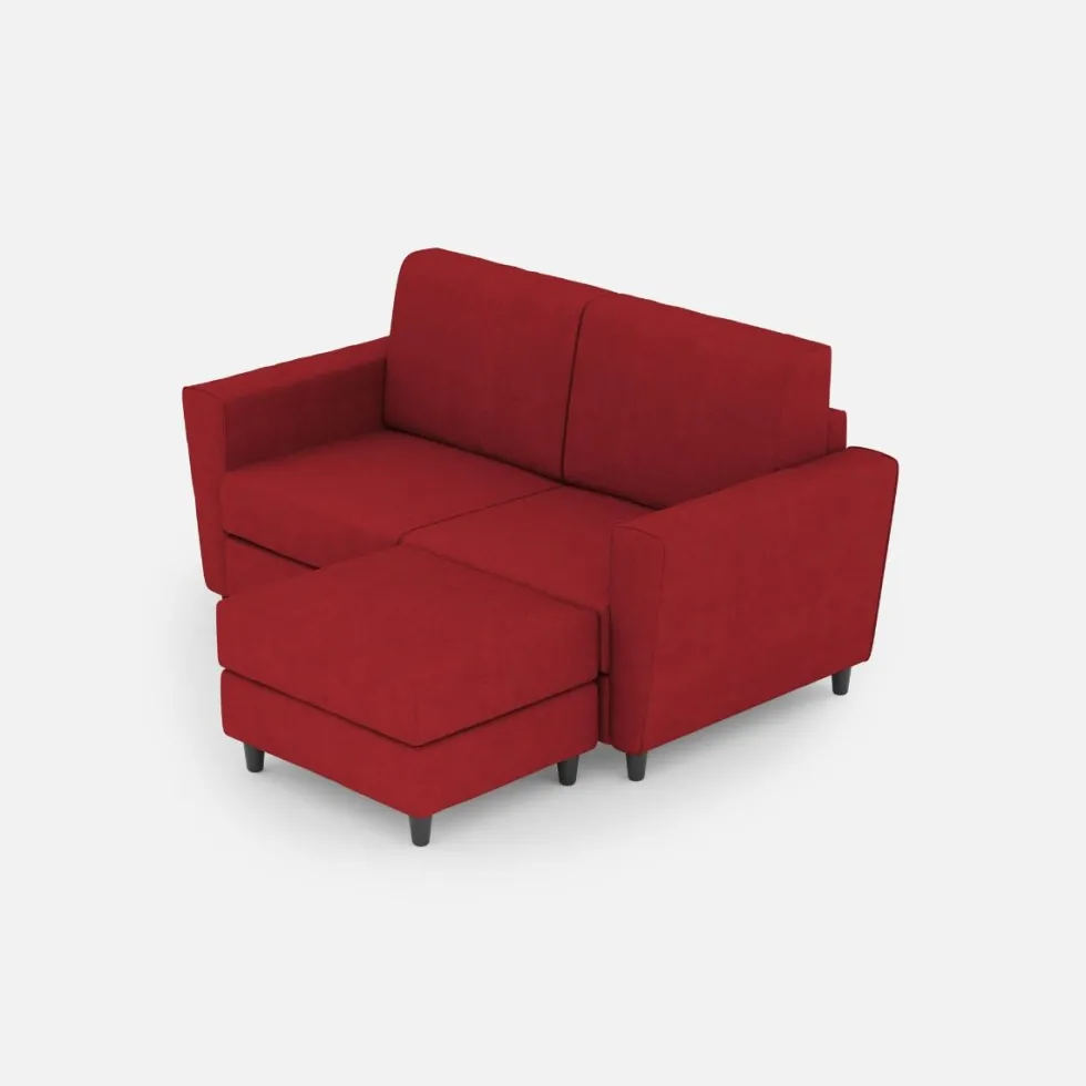 Divano 172x85cm design a due posti con piedini in legno e pouf idrorepellente rosso DI38