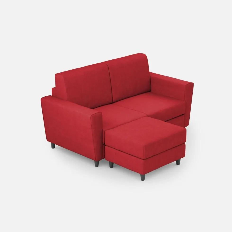 Divano 172x85cm design a due posti con piedini in legno e pouf idrorepellente rosso DI38