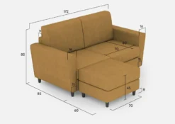 Divano 172x85cm design a due posti con piedini in legno e pouf idrorepellente ocra DI38