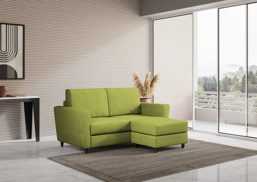 Divano 172x85cm design a due posti con piedini in legno e pouf idrorepellente verde DI38