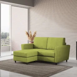 Divano 172x85cm design a due posti con piedini in legno e pouf idrorepellente verde DI38