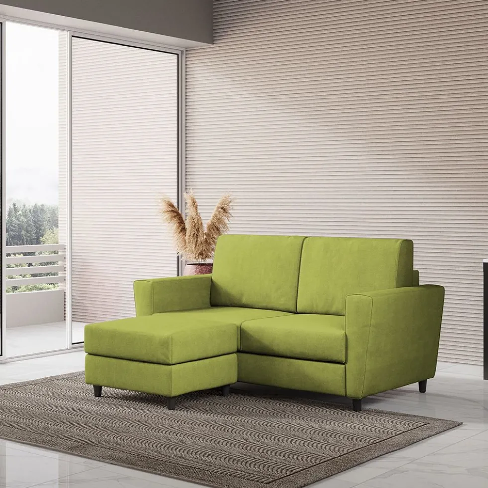 Divano 172x85cm design a due posti con piedini in legno e pouf idrorepellente verde DI38
