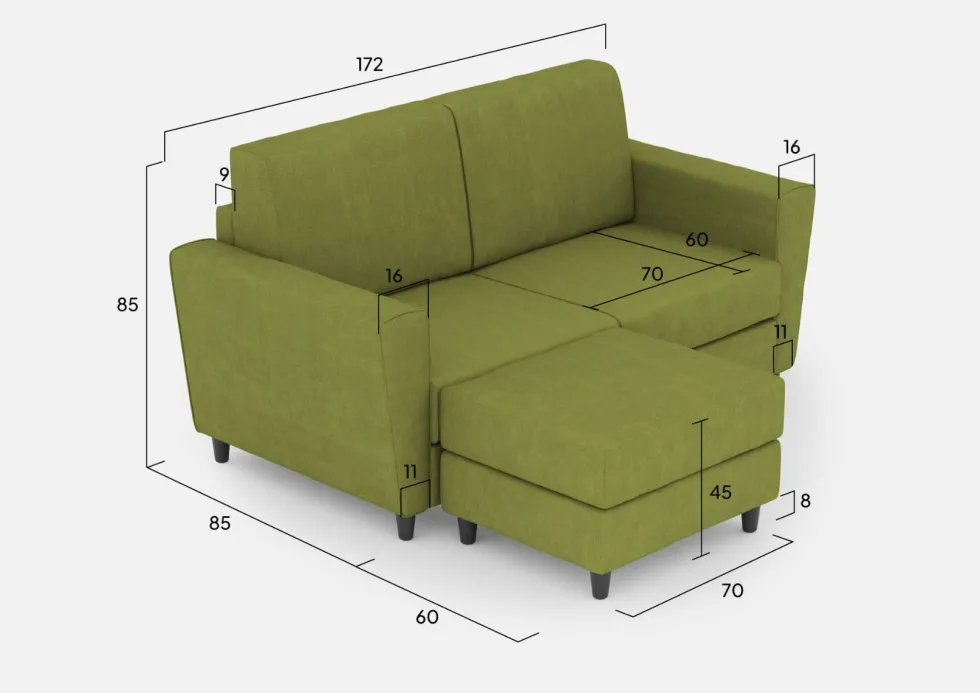 Divano 172x85cm design a due posti con piedini in legno e pouf idrorepellente verde DI38