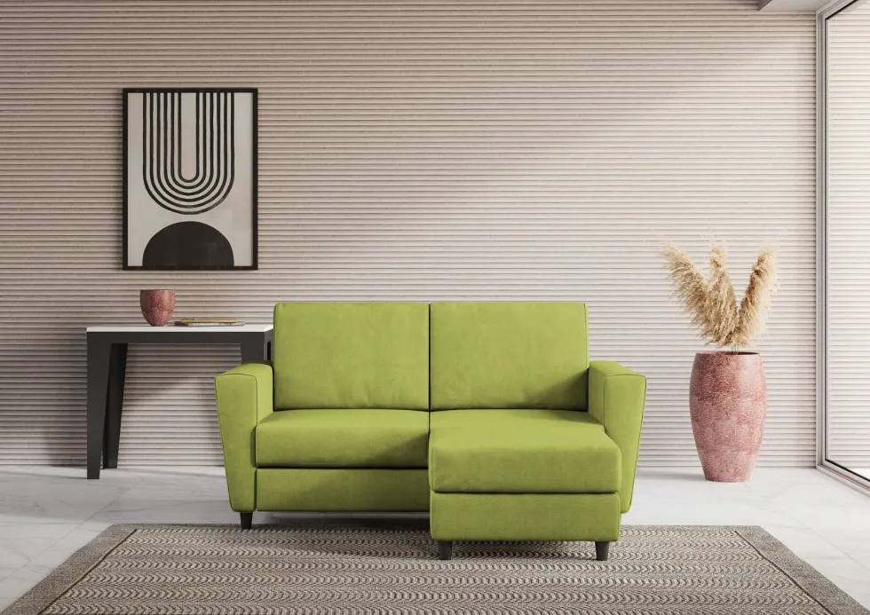 Divano 172x85cm design a due posti con piedini in legno e pouf idrorepellente verde DI38