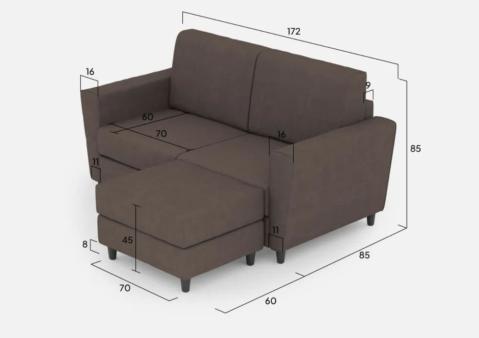 Divano 172x85cm design a due posti con piedini in legno e pouf idrorepellente talpa DI38