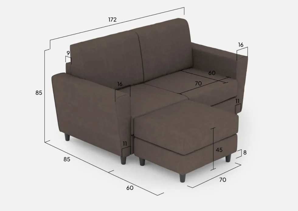 Divano 172x85cm design a due posti con piedini in legno e pouf idrorepellente talpa DI38