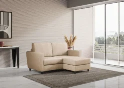 Divano 172x85cm design a due posti con piedini in legno e pouf idrorepellente beige DI38