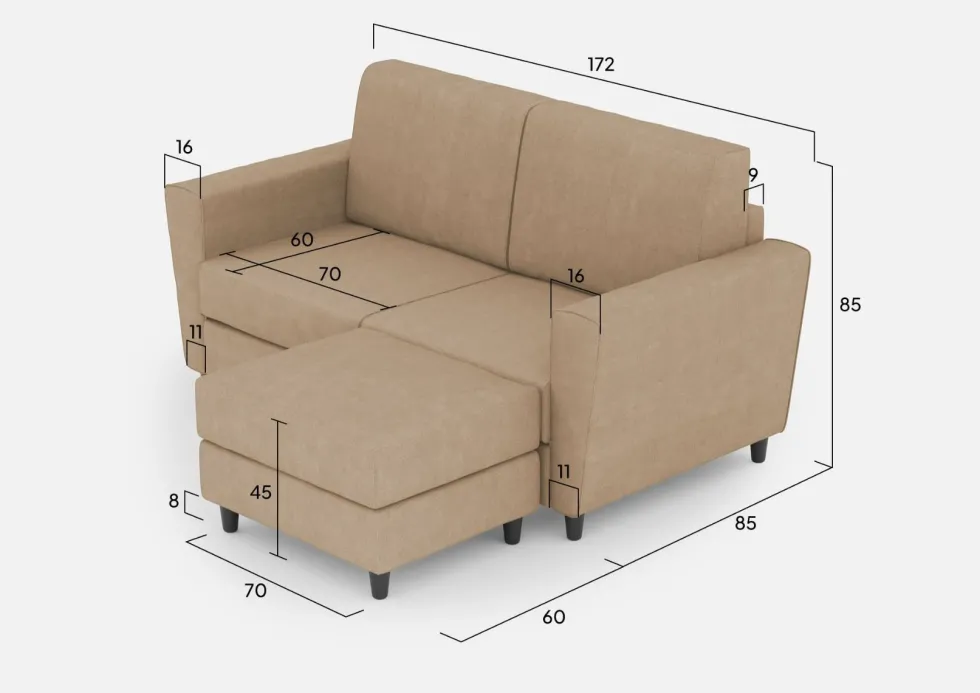Divano 172x85cm design a due posti con piedini in legno e pouf idrorepellente beige DI38