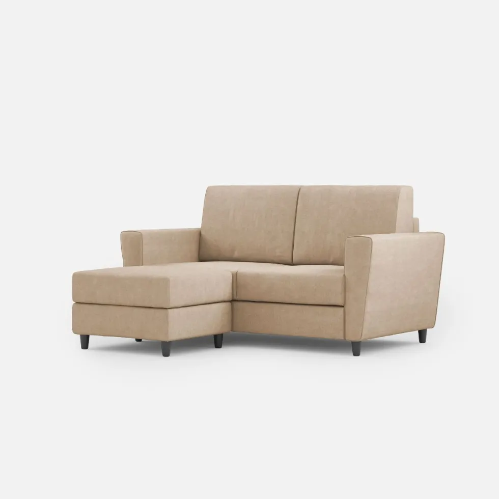 Divano 172x85cm design a due posti con piedini in legno e pouf idrorepellente beige DI38