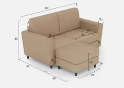Divano 172x85cm design a due posti con piedini in legno e pouf idrorepellente beige DI38