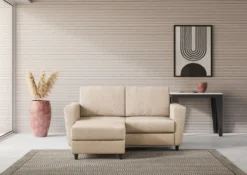 Divano 172x85cm design a due posti con piedini in legno e pouf idrorepellente beige DI38