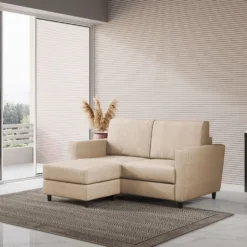 Divano 172x85cm design a due posti con piedini in legno e pouf idrorepellente beige DI38