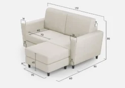 Divano 172x85cm design a due posti con piedini in legno e pouf idrorepellente bianco latte DI38