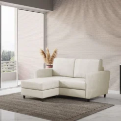 Divano 172x85cm design a due posti con piedini in legno e pouf idrorepellente bianco latte DI38