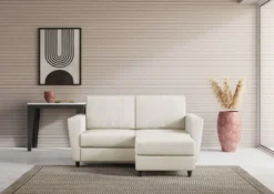 Divano 172x85cm design a due posti con piedini in legno e pouf idrorepellente bianco latte DI38