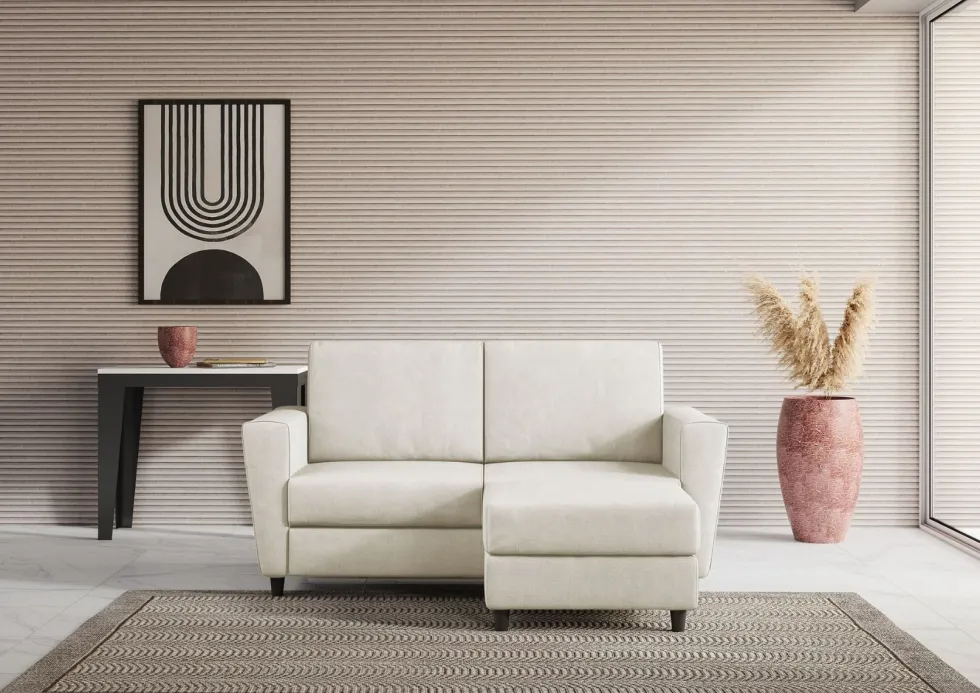 Divano 172x85cm design a due posti con piedini in legno e pouf idrorepellente bianco latte DI38