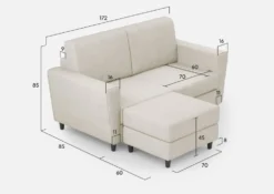 Divano 172x85cm design a due posti con piedini in legno e pouf idrorepellente bianco latte DI38