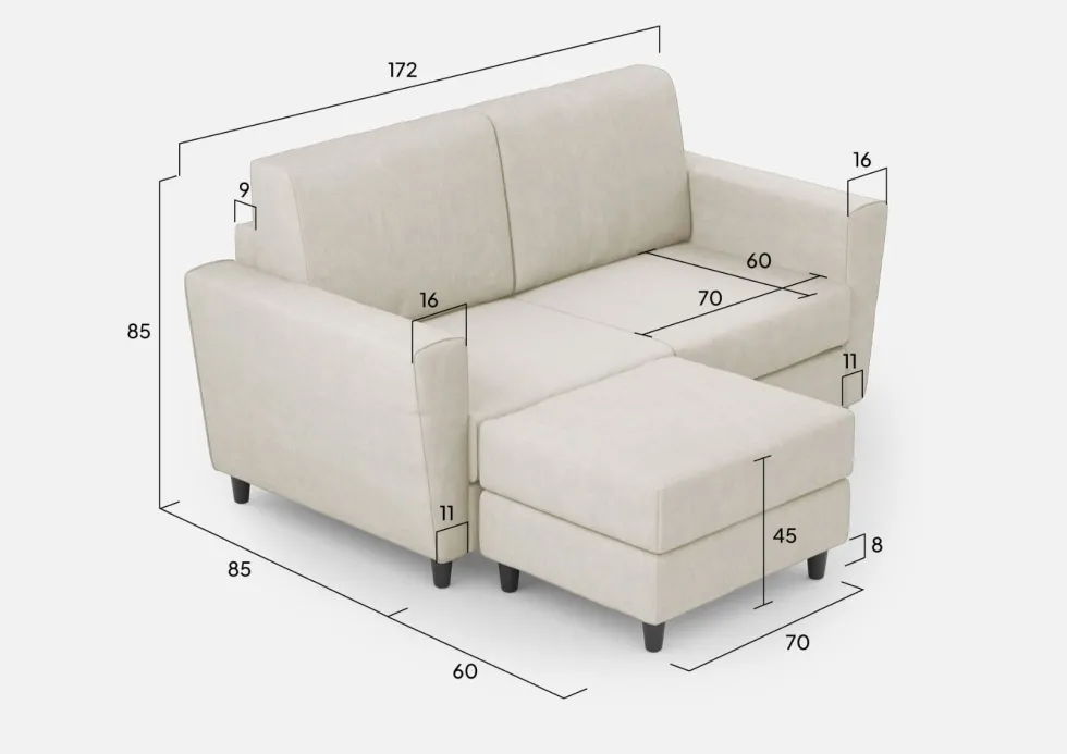 Divano 172x85cm design a due posti con piedini in legno e pouf idrorepellente bianco latte DI38