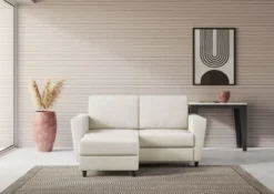Divano 172x85cm design a due posti con piedini in legno e pouf idrorepellente bianco latte DI38