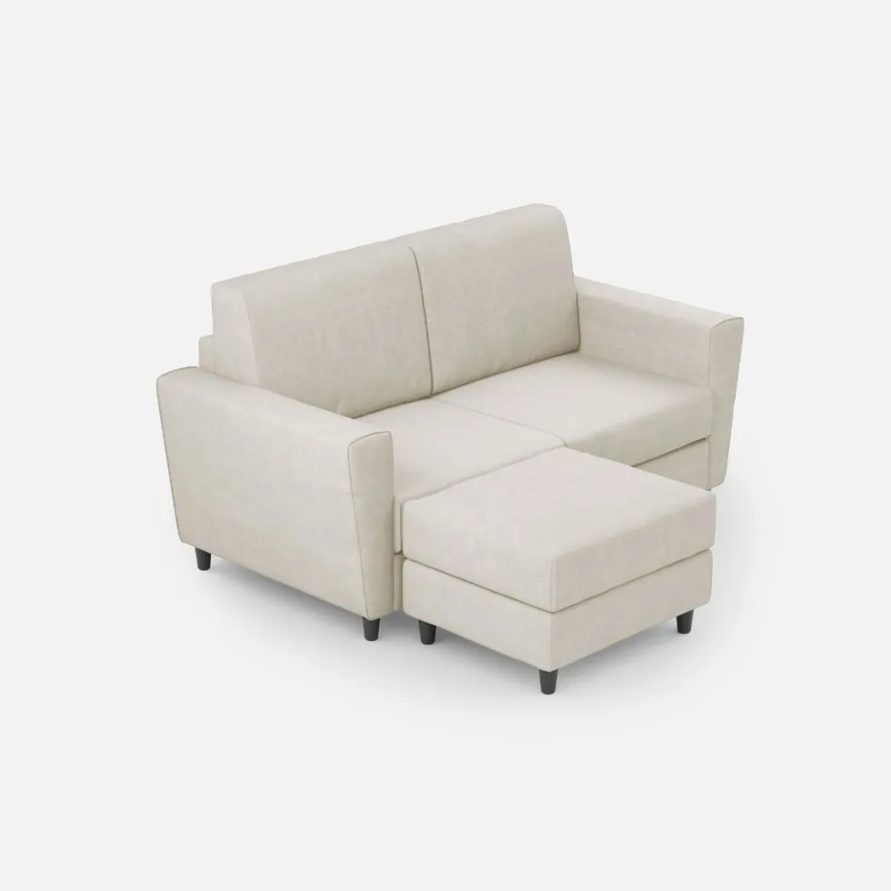 Divano 172x85cm design a due posti con piedini in legno e pouf idrorepellente bianco latte DI38