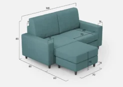 Divano 168x85cm design a due posti con bracciolo geometrico con pouf idrorepellente blu petrolio DI16