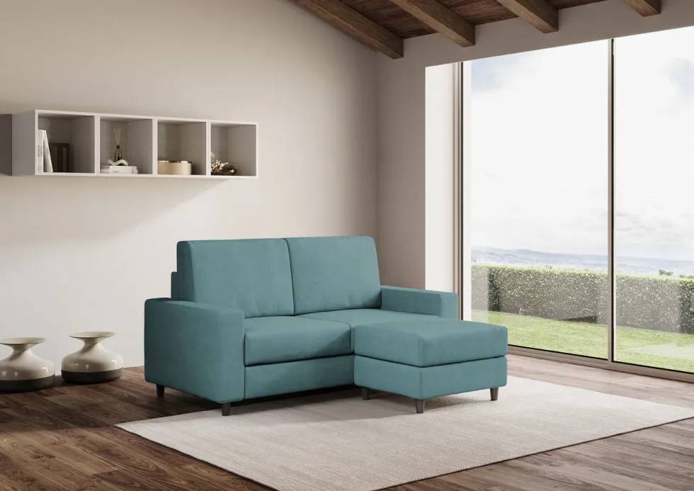 Divano 168x85cm design a due posti con bracciolo geometrico con pouf idrorepellente blu petrolio DI16