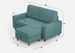 Divano 168x85cm design a due posti con bracciolo geometrico con pouf idrorepellente blu petrolio DI16