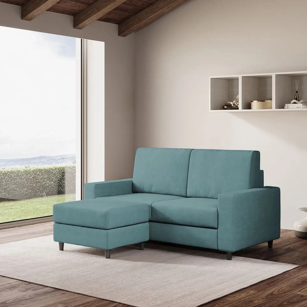 Divano 168x85cm design a due posti con bracciolo geometrico con pouf idrorepellente blu petrolio DI16