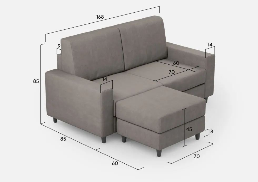 Divano 168x85cm design a due posti con bracciolo geometrico con pouf idrorepellente grigio DI16