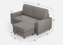 Divano 168x85cm design a due posti con bracciolo geometrico con pouf idrorepellente grigio DI16