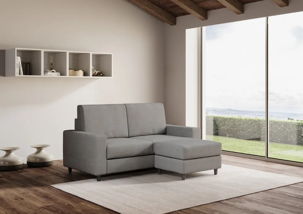 Divano 168x85cm design a due posti con bracciolo geometrico con pouf idrorepellente grigio DI16