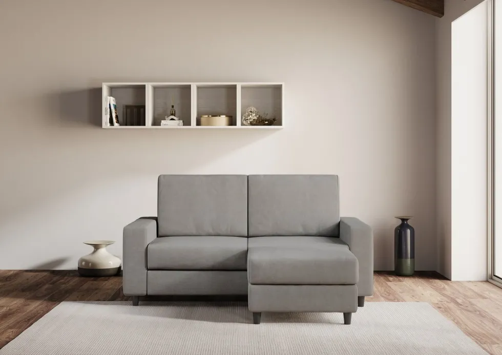 Divano 168x85cm design a due posti con bracciolo geometrico con pouf idrorepellente grigio DI16