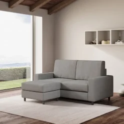 Divano 168x85cm design a due posti con bracciolo geometrico con pouf idrorepellente grigio DI16