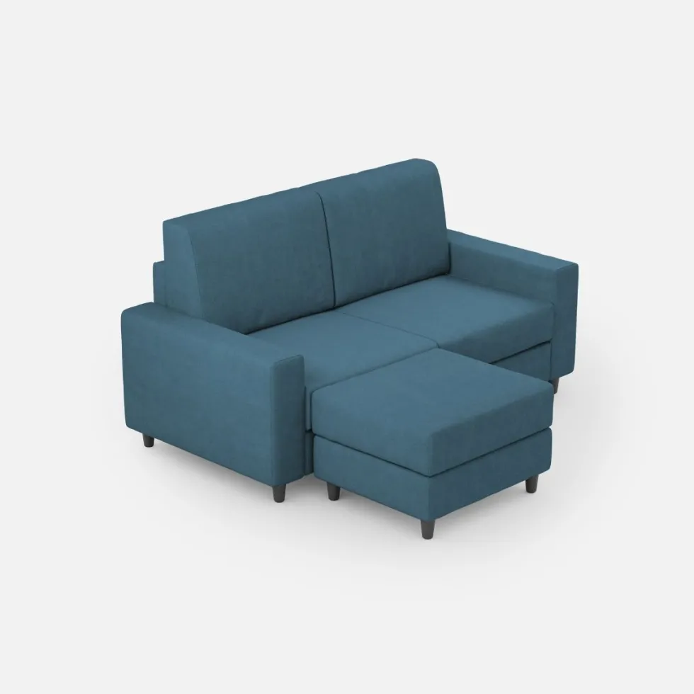 Divano 168x85cm design a due posti con bracciolo geometrico con pouf idrorepellente blu avio DI16