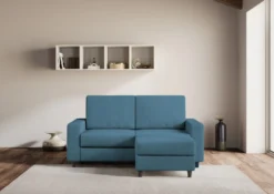 Divano 168x85cm design a due posti con bracciolo geometrico con pouf idrorepellente blu avio DI16