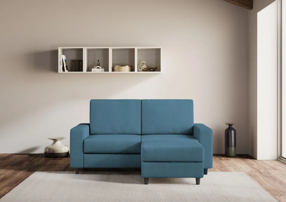 Divano 168x85cm design a due posti con bracciolo geometrico con pouf idrorepellente blu avio DI16