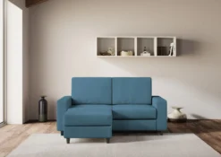Divano 168x85cm design a due posti con bracciolo geometrico con pouf idrorepellente blu avio DI16